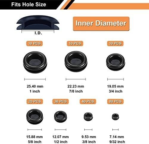 200 Black Rubber Hole Plugs Assortment for Auto Body and Sheet Metal, Flush Head