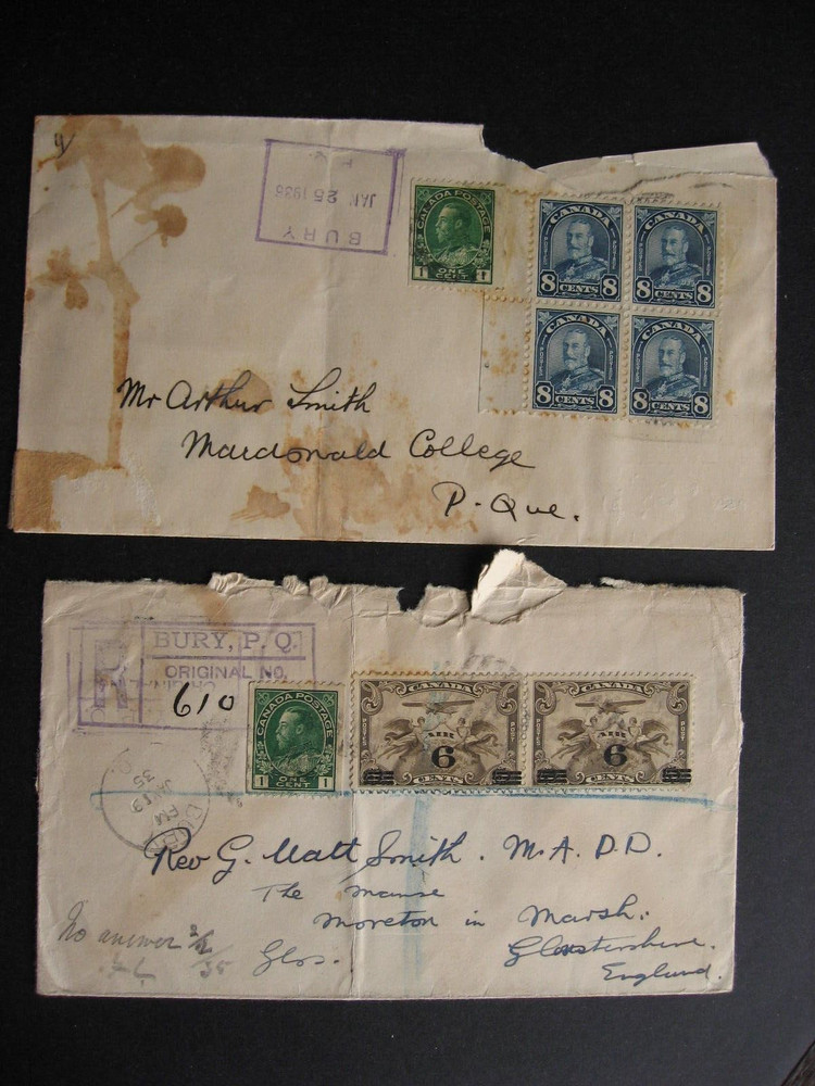 Canada 2 damaged registered covers Bury QC