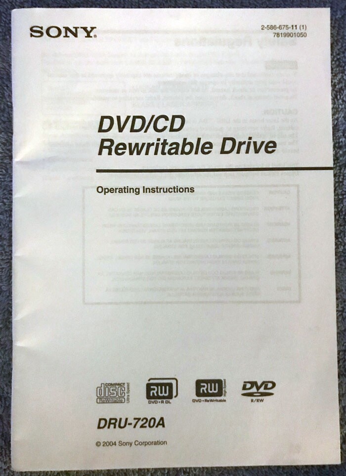 Sony DVD/CD Rewritable Drive - Operating Instructions - DRU-720A - BOOK ONLY