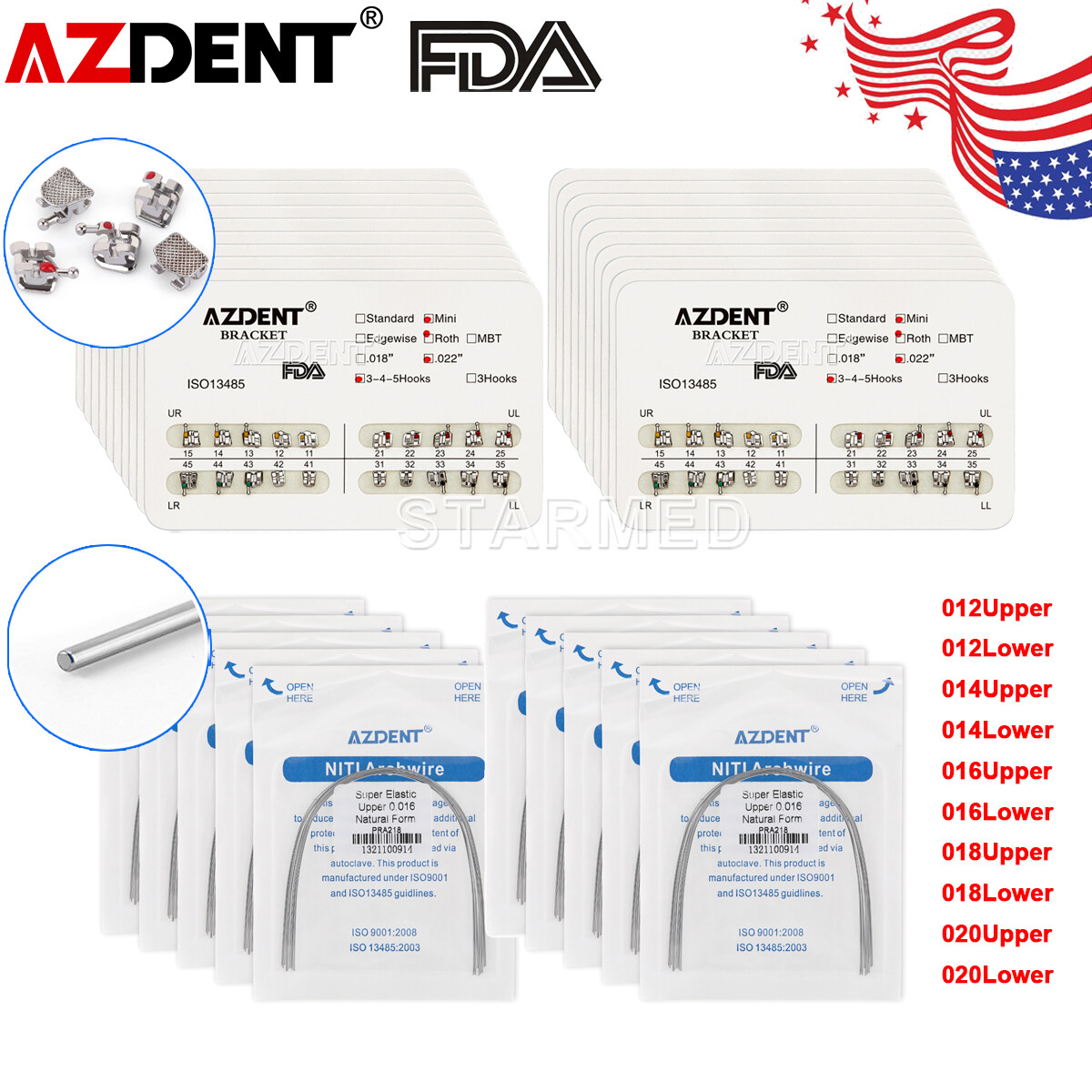 AZDENT Dental Ortho Brackets Metal Mini Roth.022/018 Hook 345/Arch Wire Nature
