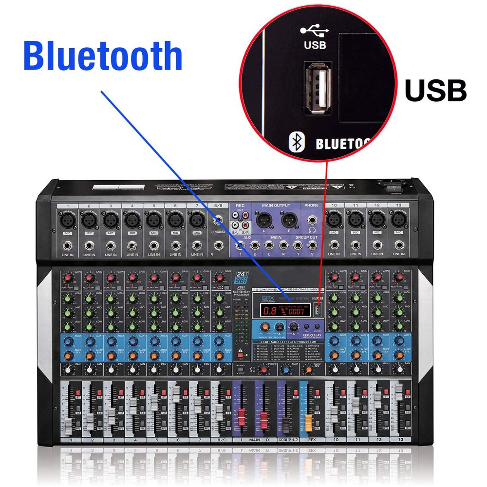 12-Channel Bluetooth Studio Audio Mixer - DJ Sound Controller Interface w/ USB