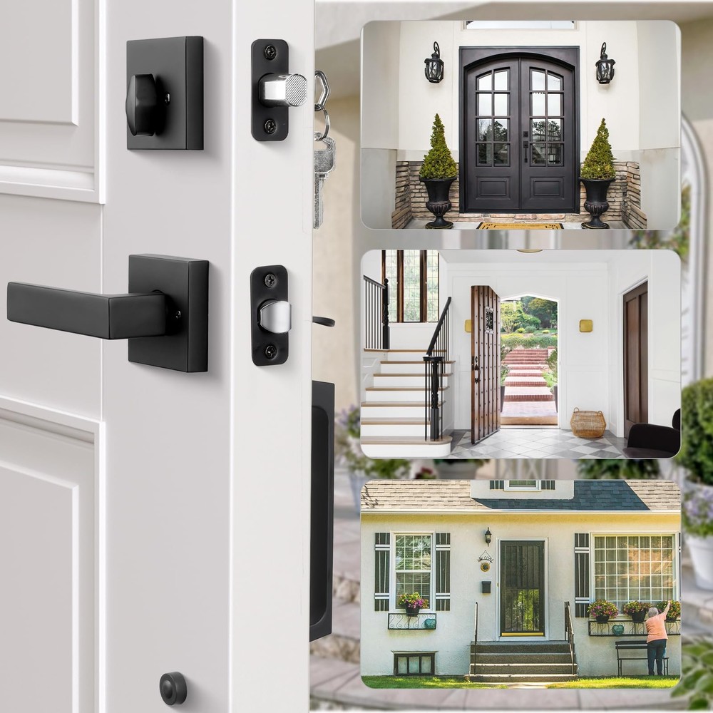 Haidms Black Front Door Handle Square with Deadbolt, Matte