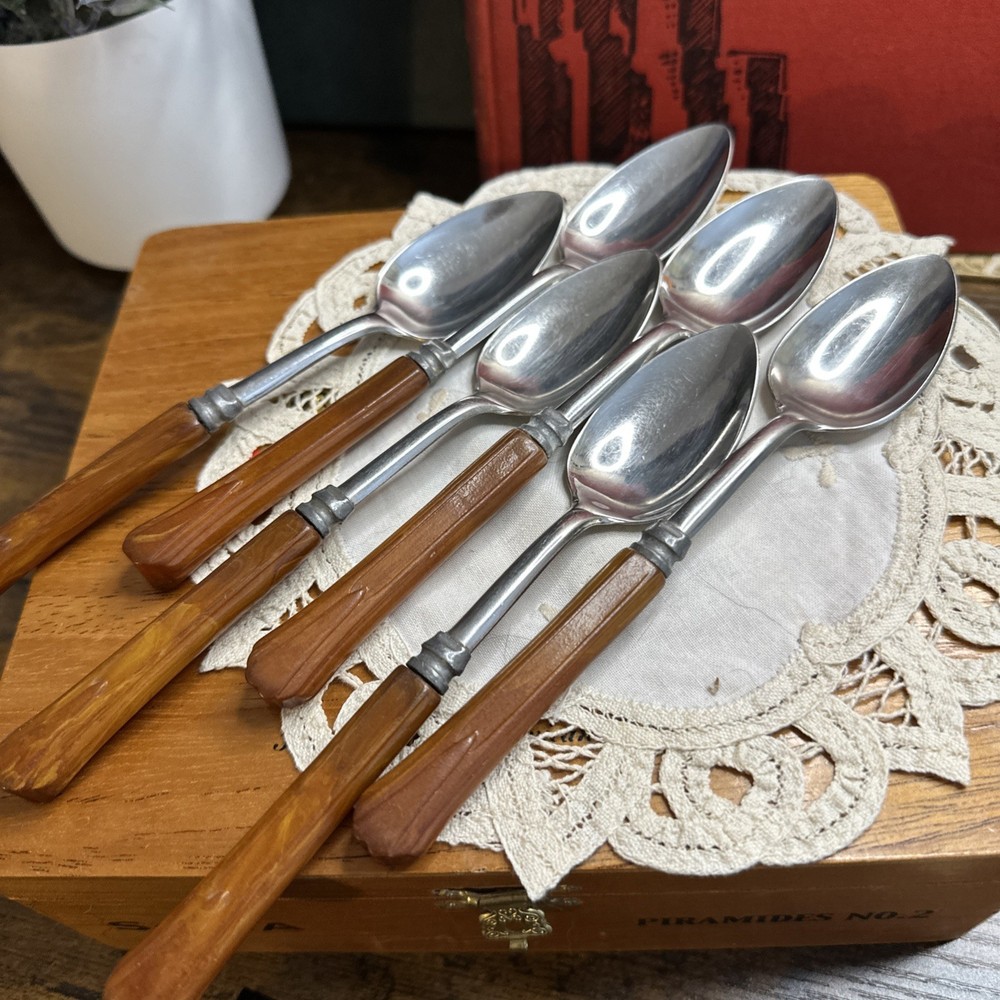 6 Vintage Bakelite MCM Silverware Spoons