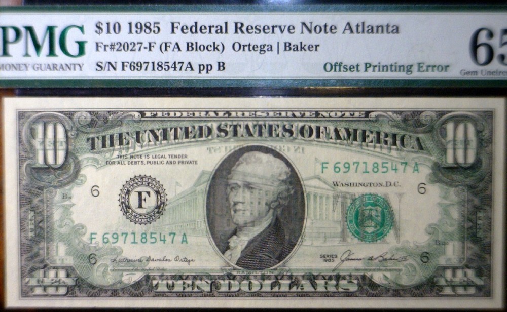 1985 ERROR PMG MS65 Off Set Back/ Front $10 GEM CU Federal Reserve Note Currency