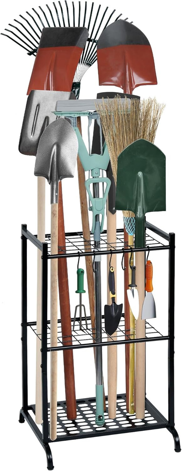 Garden Tool Organizer with Storage Hooks, Yard Tool Tower Rack for Garage Organi