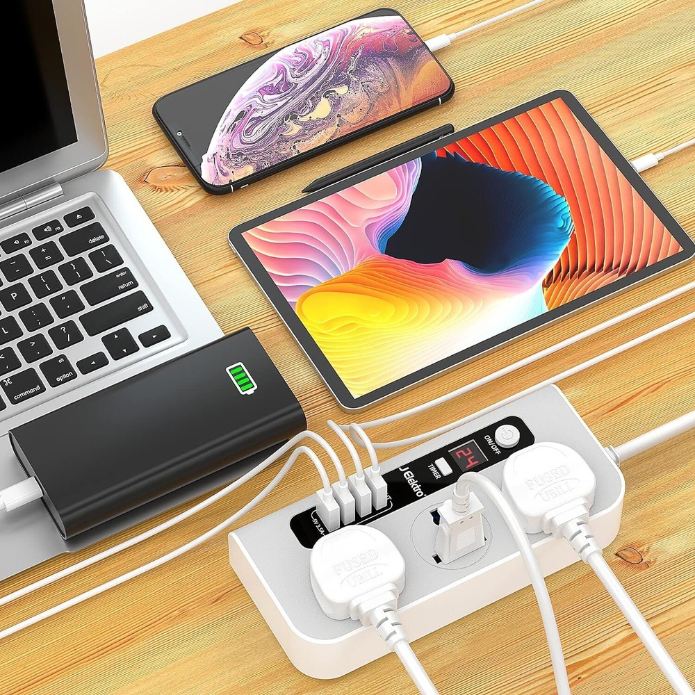 Universal Power Strip, 3 Way Universal Outlets 4 USB, 4.59 FT, 24 hour timer