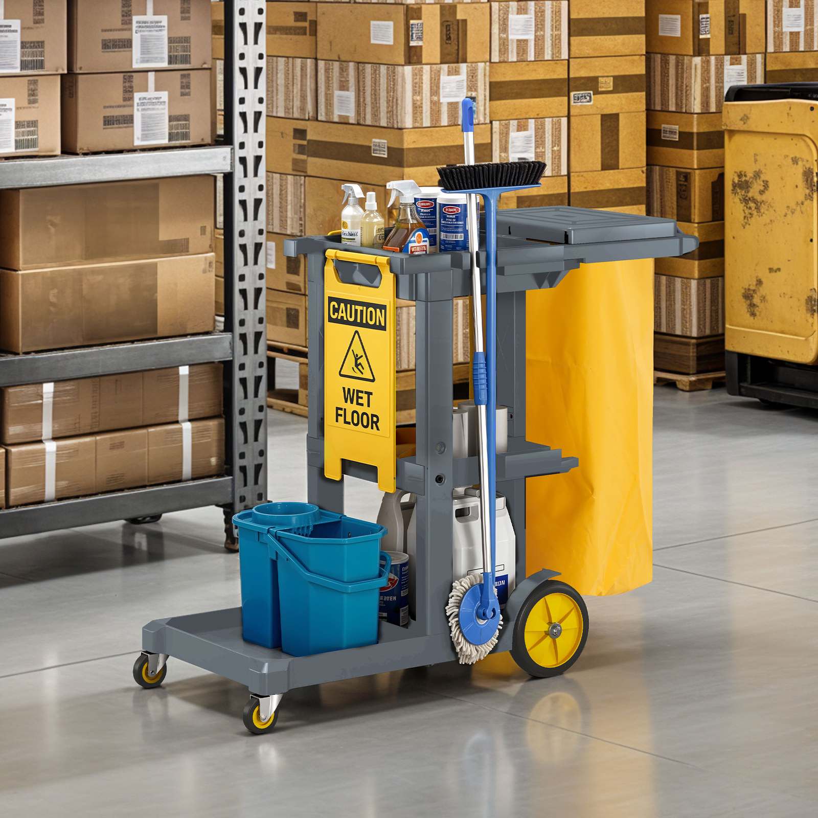 3-Shelf Janitorial Cleaning Cart w/ 2 Trash Bags Commercial Housekeeping Trolley