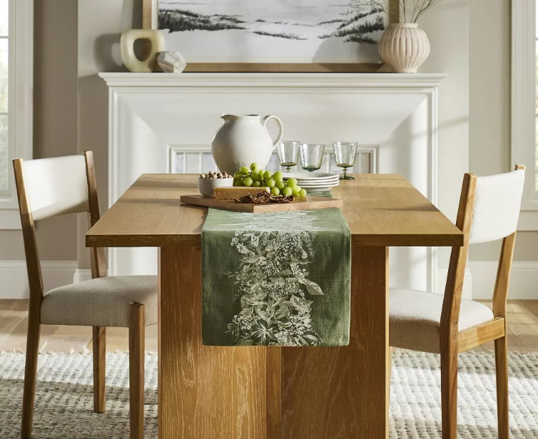 Threshold 72" x 14" Cotton Floral Table Runner Olive Green- New