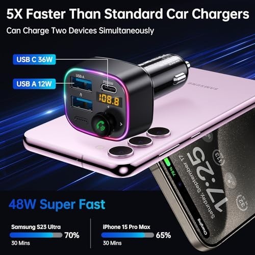 Bluetooth 5.4 FM Transmitter Car Adapter 48W Fast Charging HiFi Bass Sound USB D