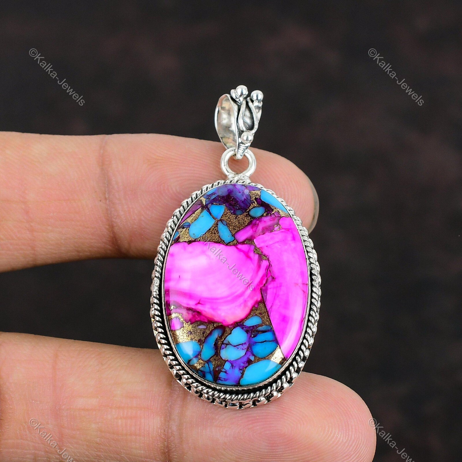 Natural Kingman Dahlia Turquoise Gemstone Pendant Pink 925 Sterling Silver