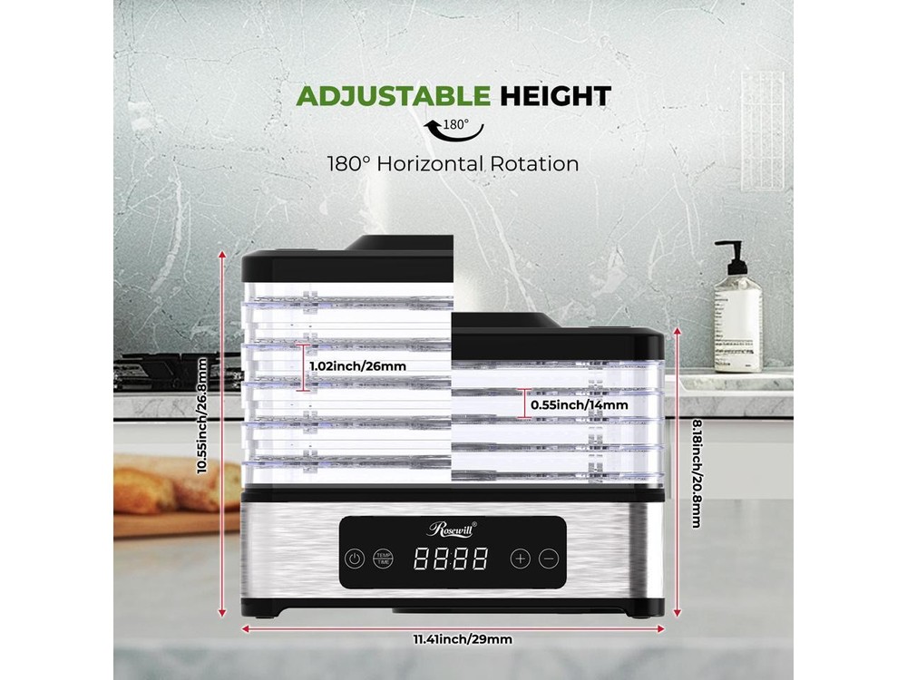 Rosewill Compact Food Dehydrator, 5 Stackable Trays with Adjustable 48H Timer an