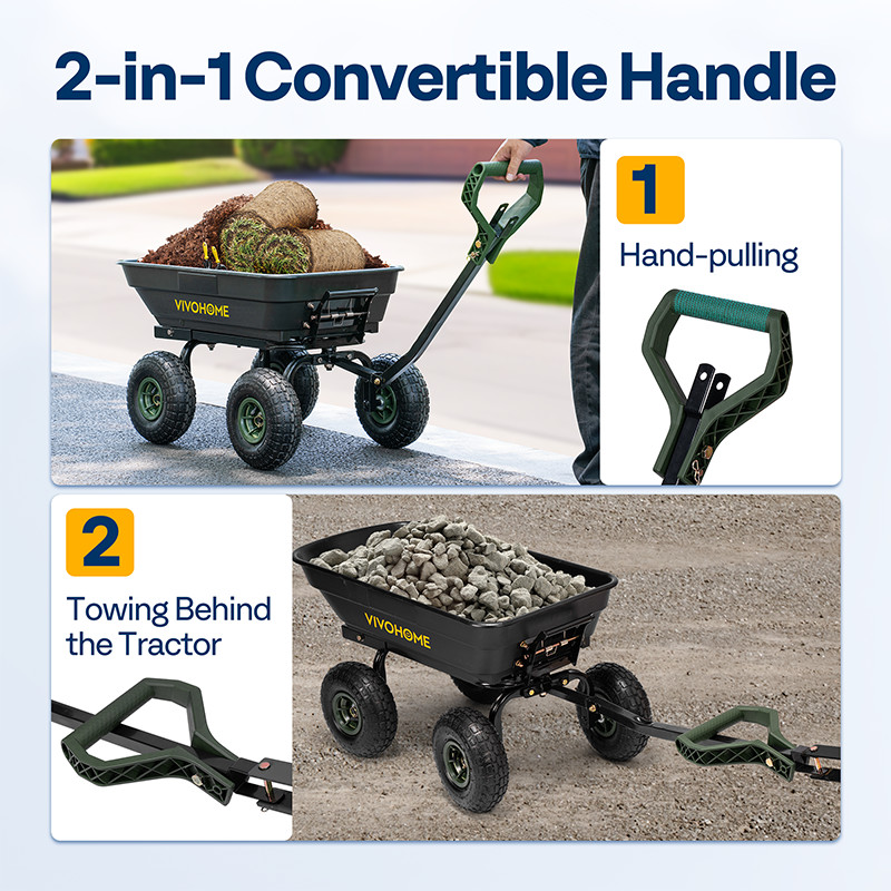 4 Cu.Ft 660lbs Wheelbarrow Garden Cart Dump Wagon Handle Attach to ATV Tractor