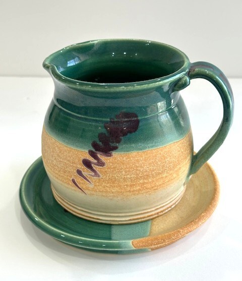 vintage handmade studio pottery PITCHER with PLATE SIGNED