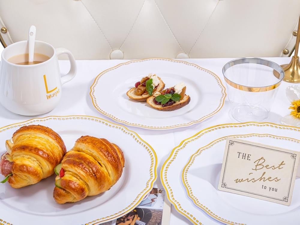 White and Gold Plastic Plates - Gold Plastic Dinnerware Set