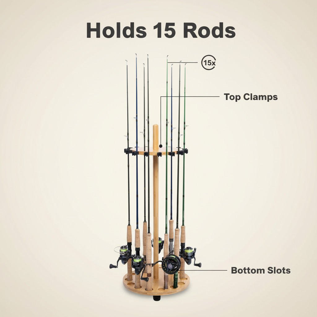 Fishing Pole Rod Racks—Floor Stand Bamboo Round rods holder for 15 Fishing Poles