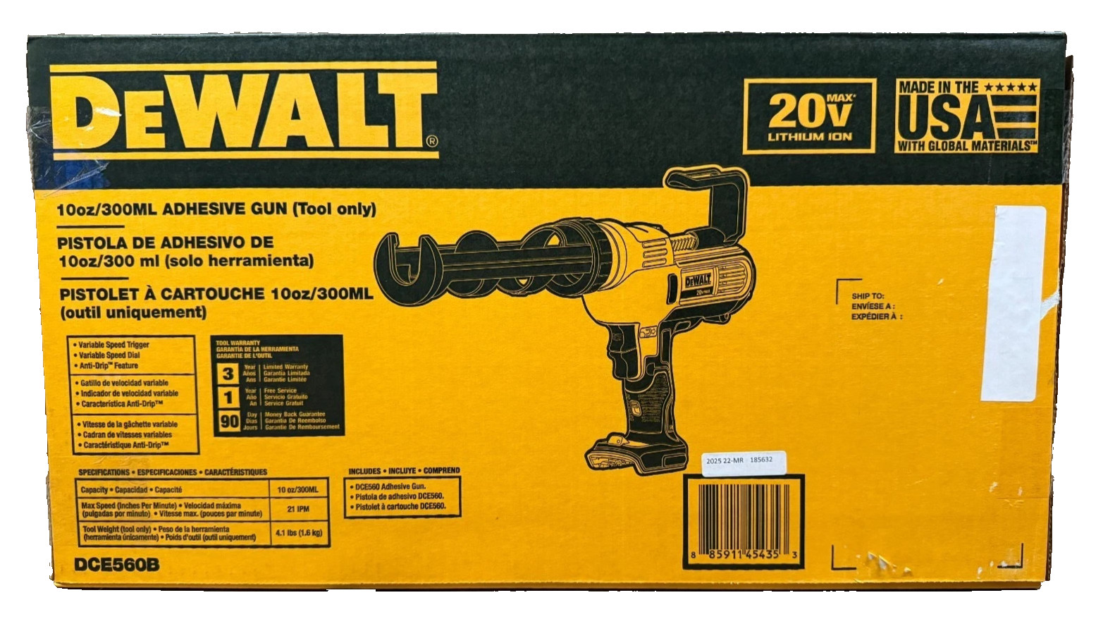 DEWALT DCE560B 20V MAX Cordless 10 oz / 300 ml Adhesive Gun (Tool Only)