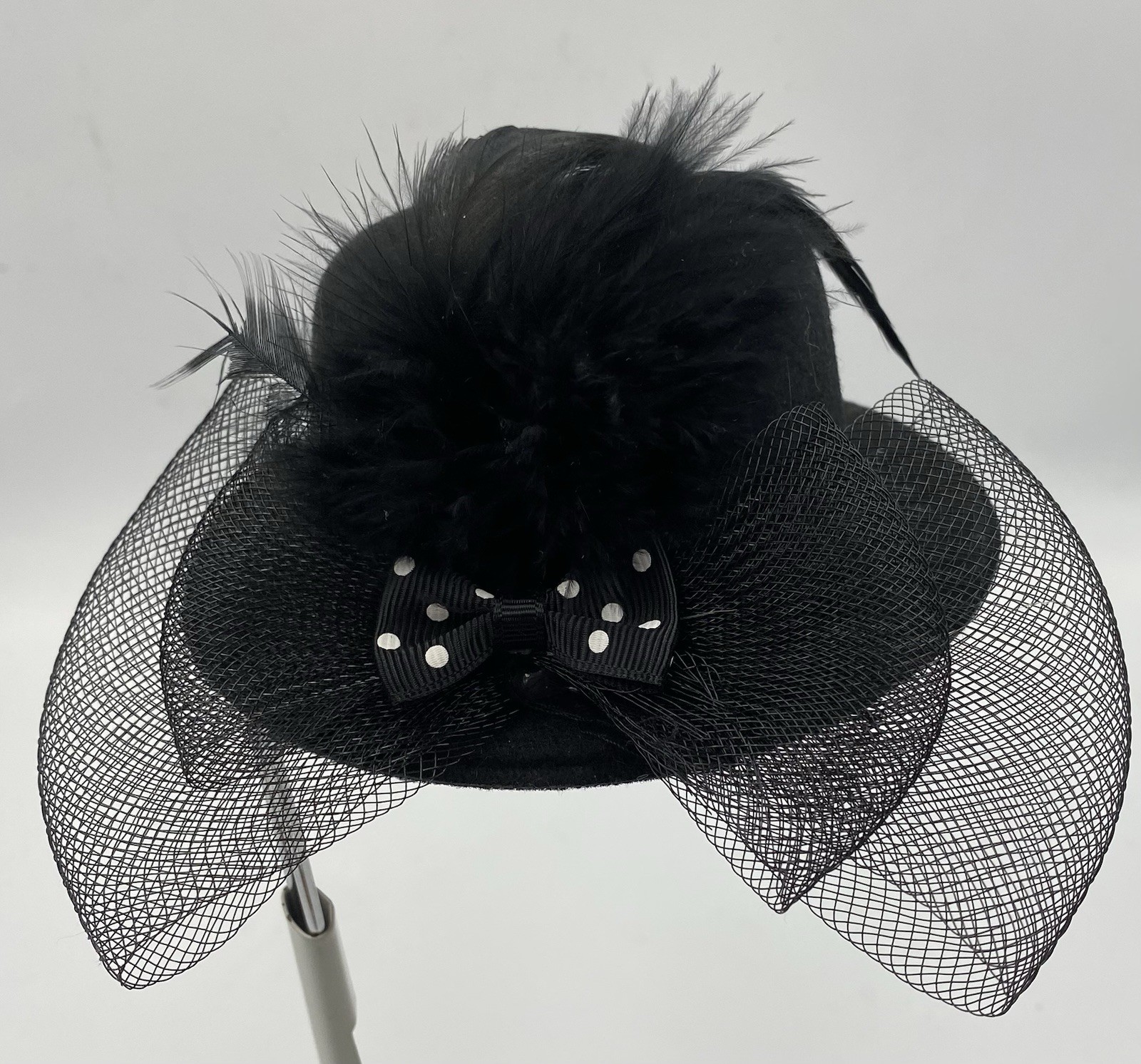 FASCINATOR Black VELVET Hat W/NETTING & FEATHER Party KENTUCKY DURBY