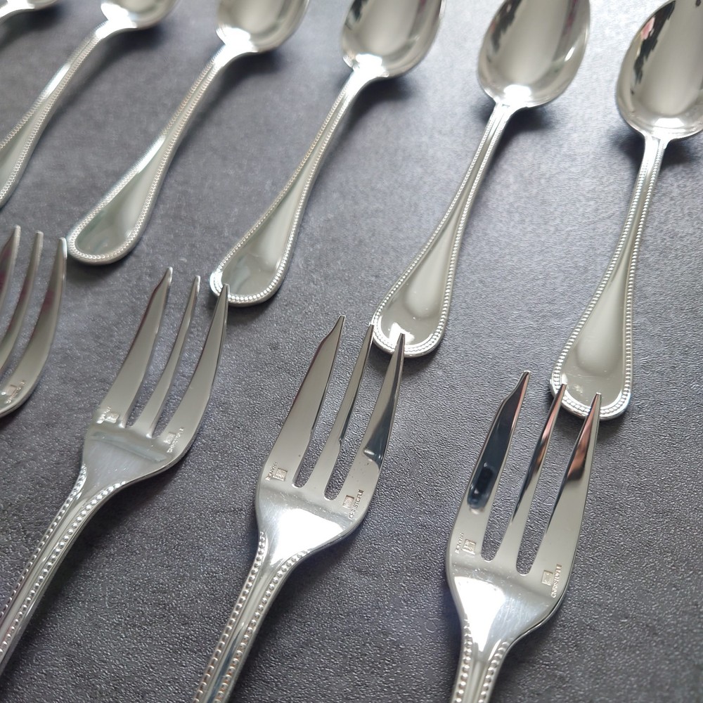 Christofle Perles 12pcs Silverplate Flatware Cake Fork Coffee Spoon Excellent
