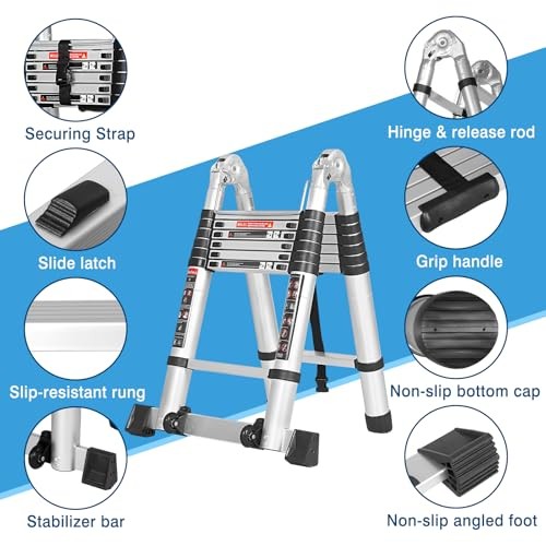 12.5 FT A Frame Telescoping Ladder, Extension Multi 12.5 FT(A Frame) Silver