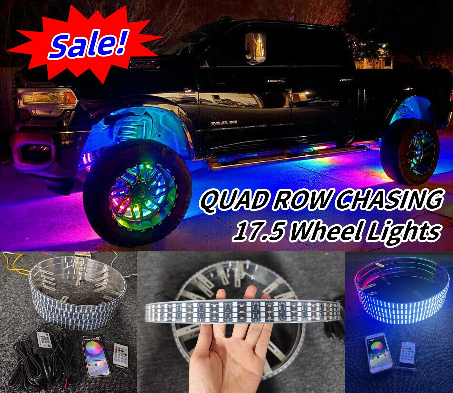 4 Rolls 17.5" Quad Row CHASING LED Wheel Ring Lights for Car Truck  APP Remote