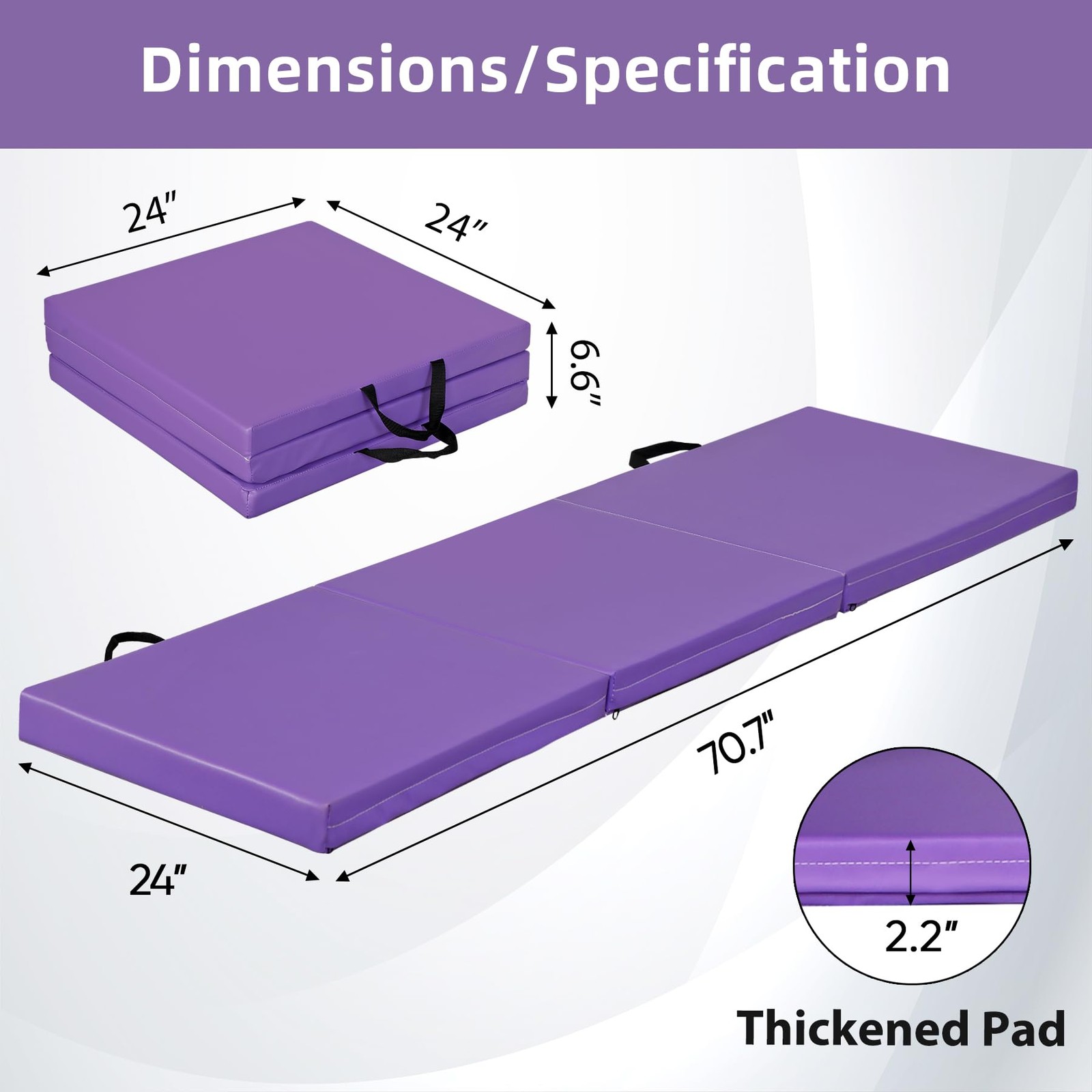 2.2in Extra Thick Tri-fold Folding Gym Mat with Carrying Handles Purple