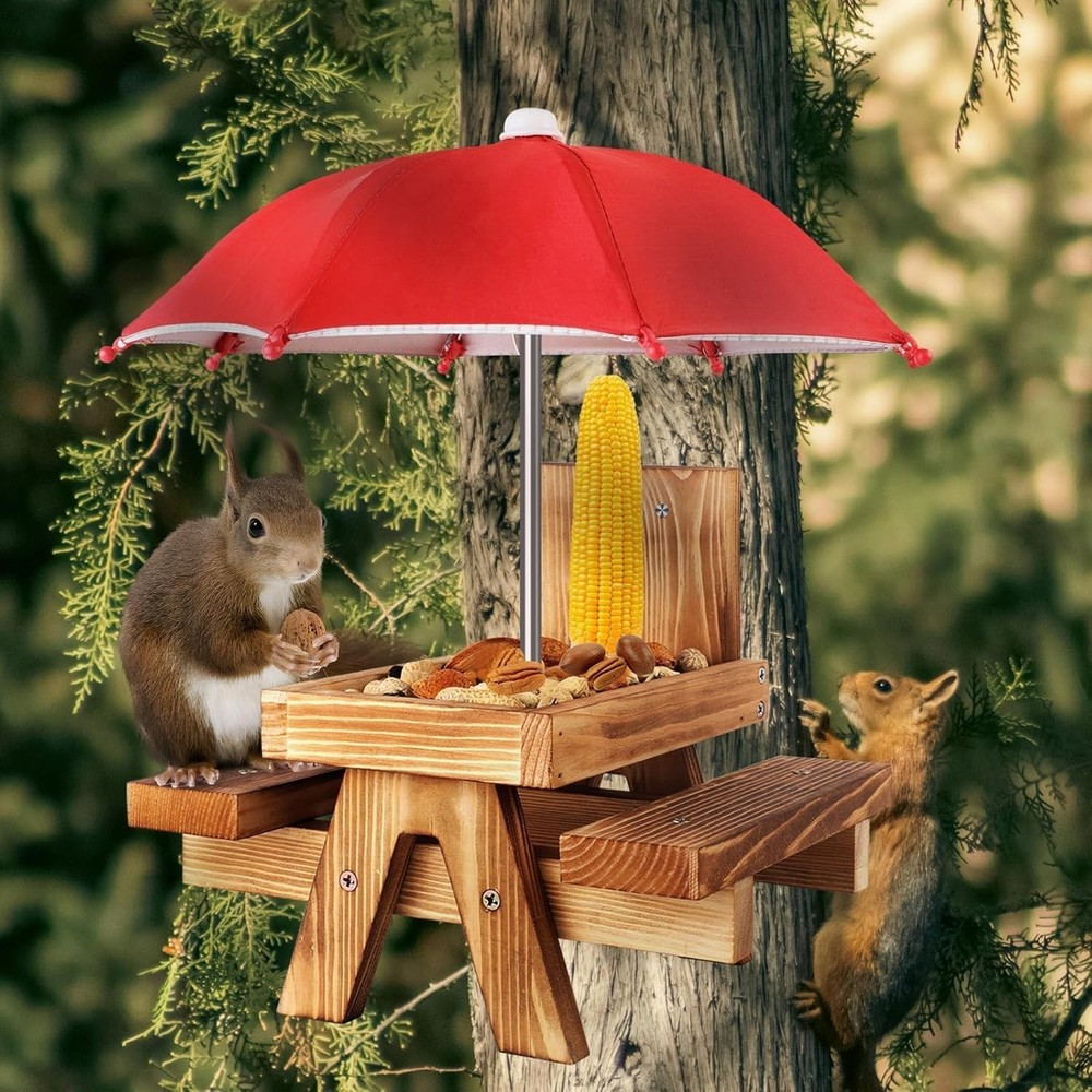 Squirrel Picnic Table Feeder, Chipmunk Feeder For Corn Peanuts, Bright Red