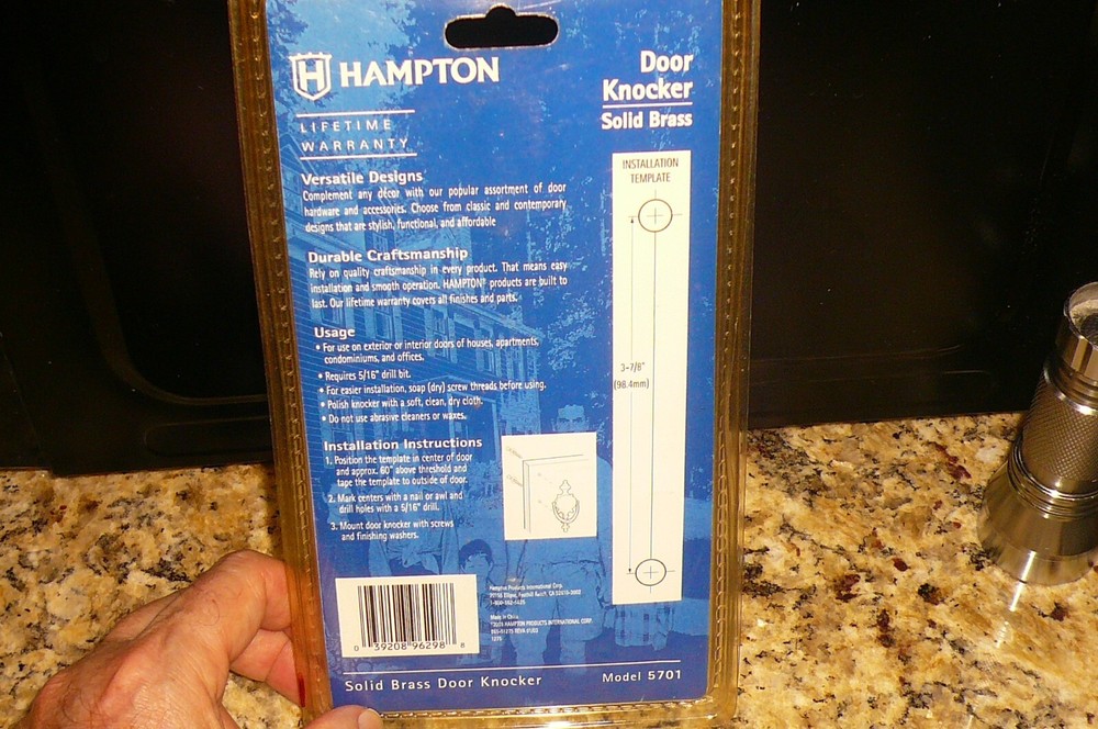 Hampton Solid Brass, Door Knocker with Mounting Hardware, Model 5701, Brand New.