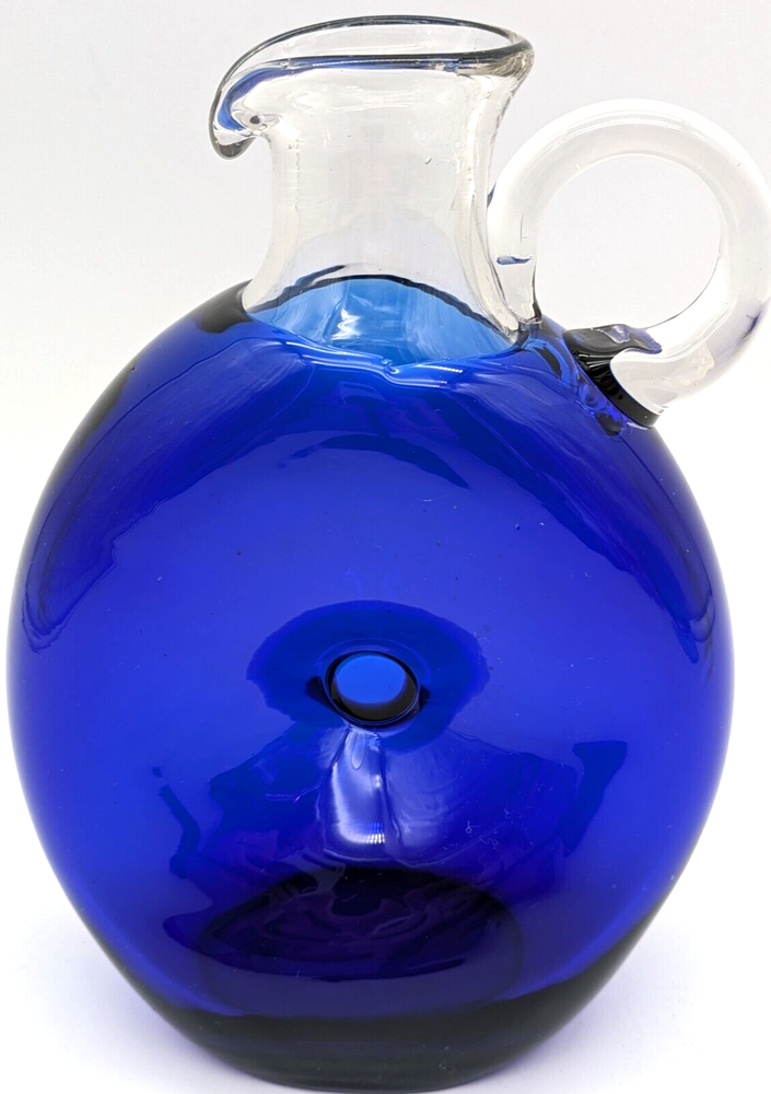 Hand Blown Art Glass Cobalt Blue Pinched Pitcher Applied Handle