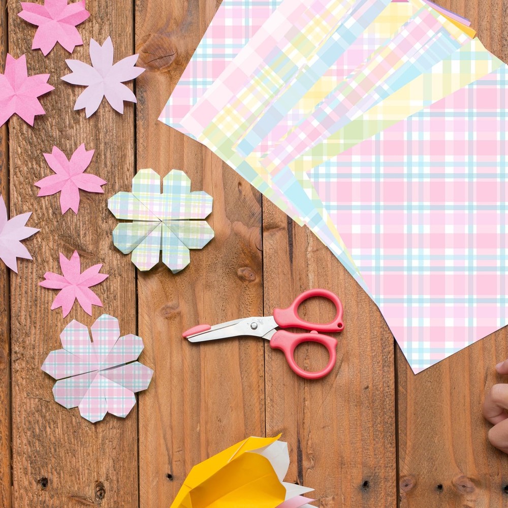 24 Sheets Pastel Scrapbook Paper, Pink Spring Gingham Patterns Decorative Craf