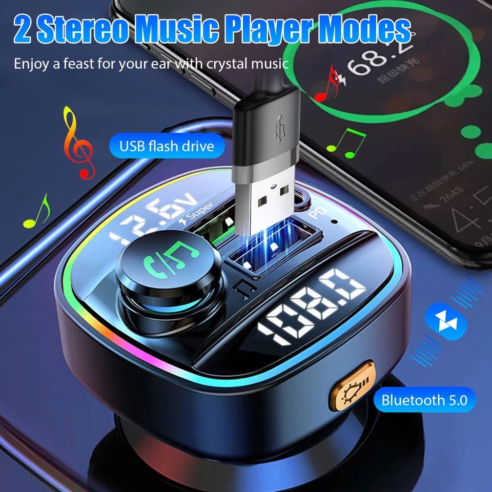 Bluetooth5.0 Car Wireless FM Transmitter Adapter USB PD Charger AUX Hand-Free