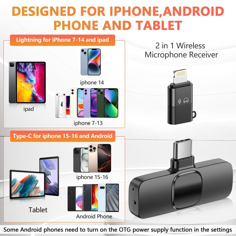 Wireless Microphone for iPhone, Android , Laptop, 2 Pack Lavalier Microphone ...