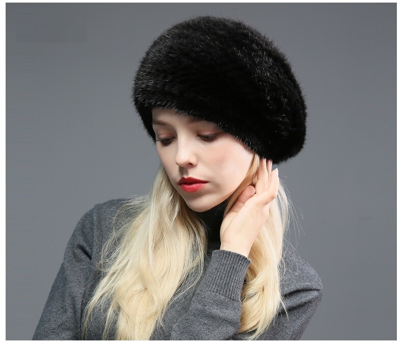 Women's Real Mink Fur Hat Beret Warm Beanie Cap Headwear Winter Brown Wine Black