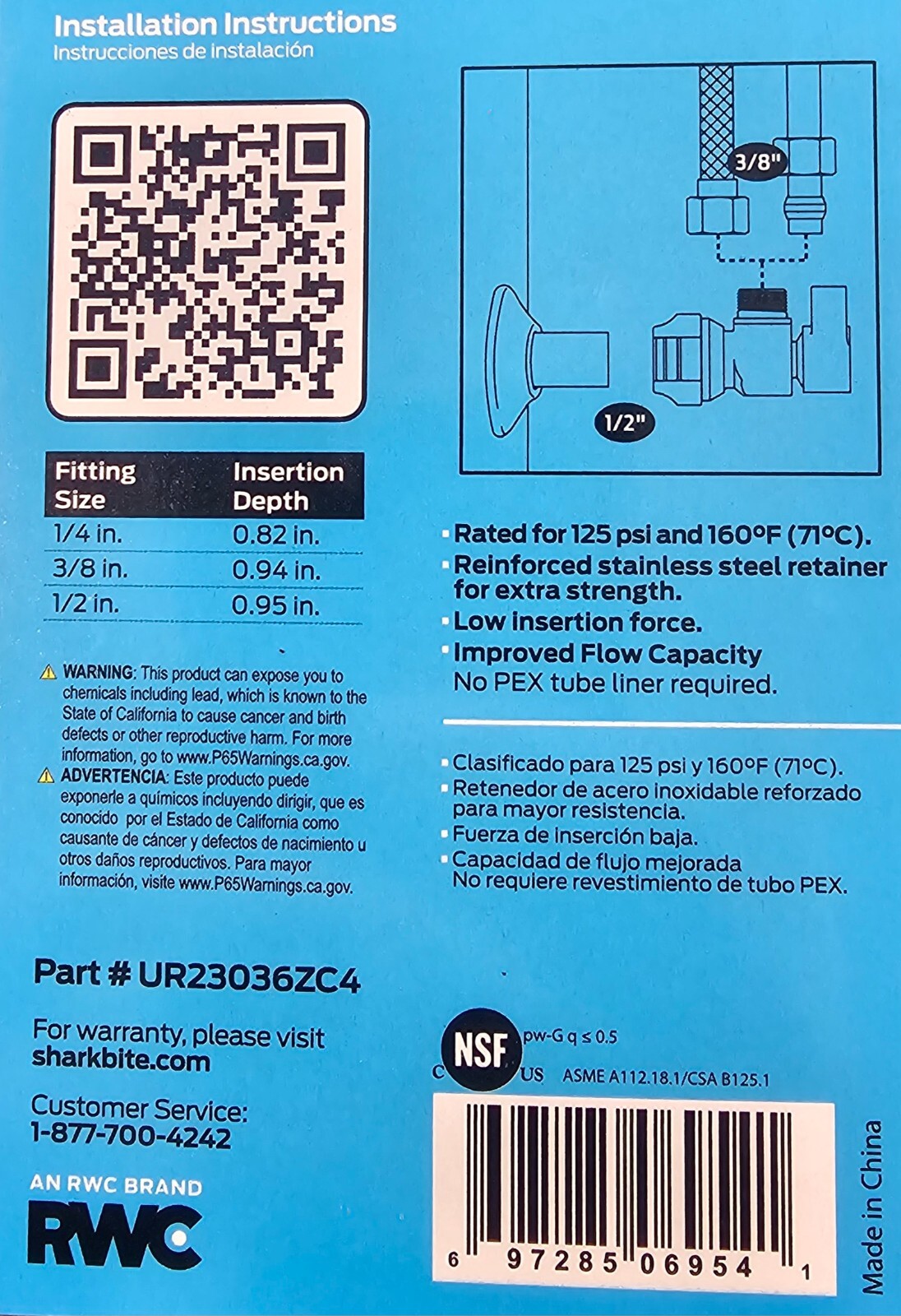 SharkBite UR23036ZC4 Push-to-Connect Angle Stop Valve 1/2 x 3/8 OD Comp