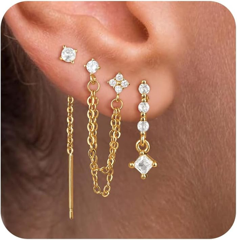 14K Gold Plated Dangle Earrings Set CZ Hoop Stud Stack