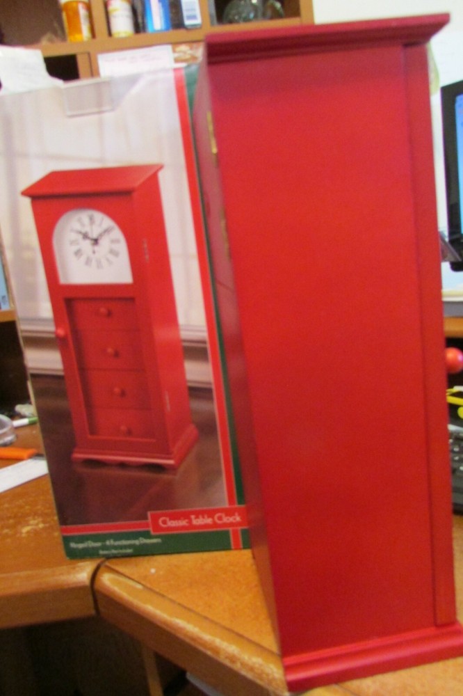 13" Classic Table Clock Hinged Door Functioning Jewelry Drawers Tower Design NIB