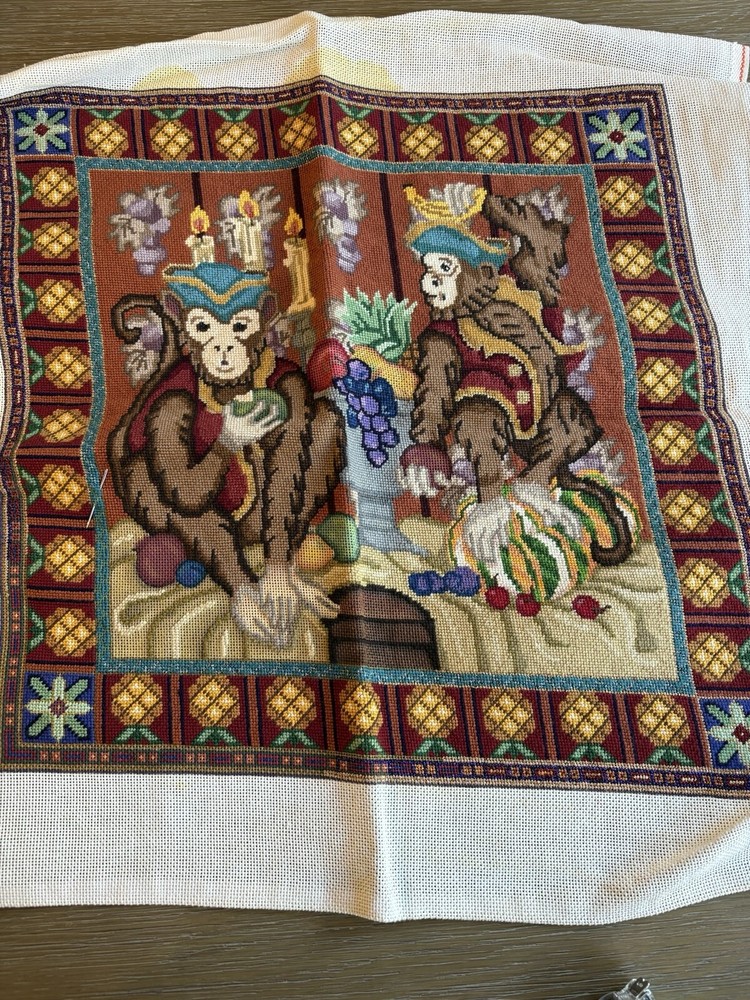 20x20 Needlepoint Canvas Partially Complete Monkeys With Extra Yarn