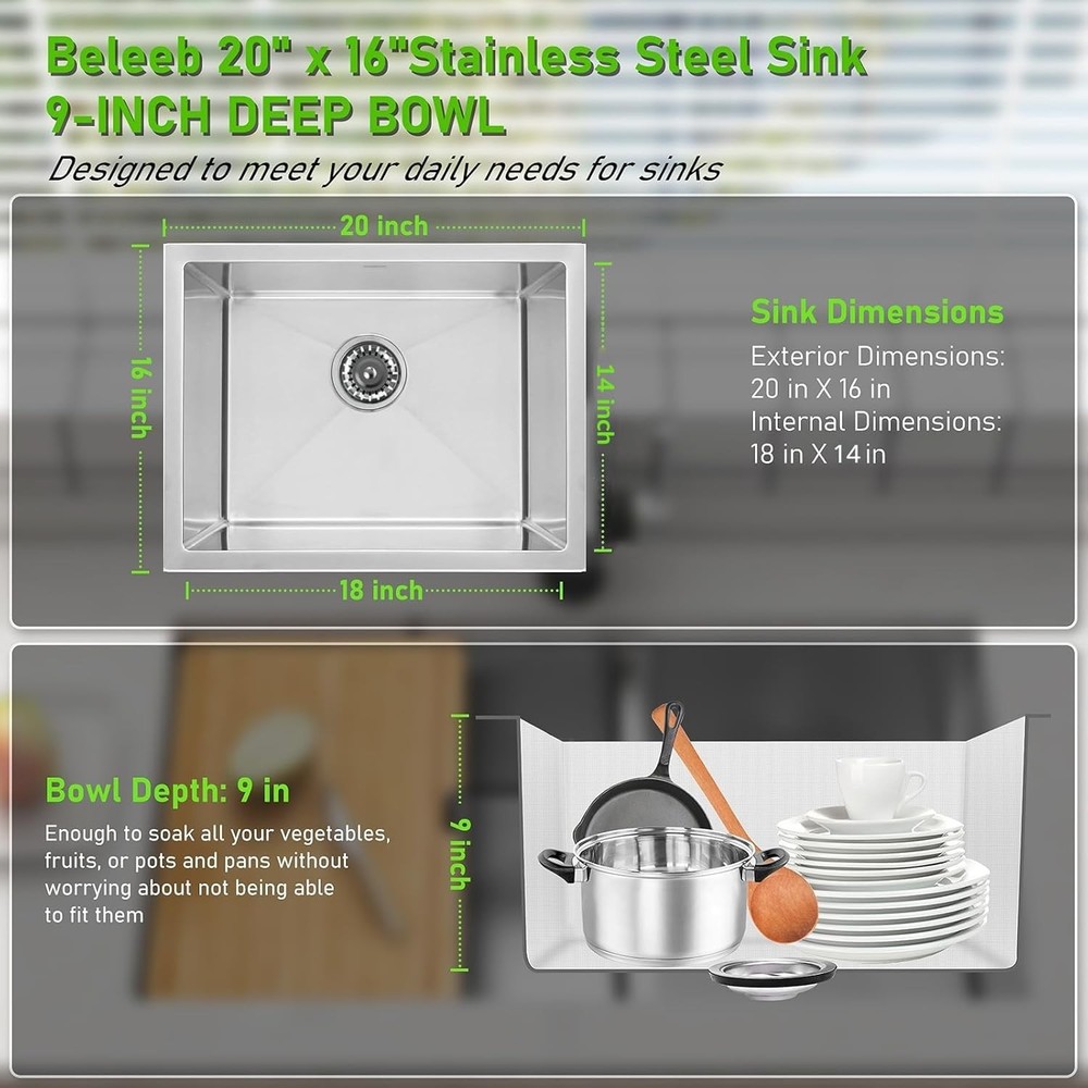 Beleeb Undermount Kitchen Sink 20"x16", 9" Basin Depth, 3D Embossed