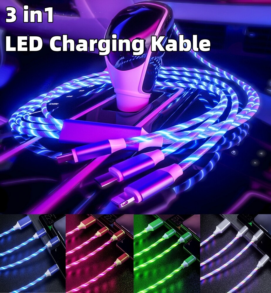 3 in 1 LED Light Fast Charging Charger Cable TYPE USB For iPhone Android Samsung