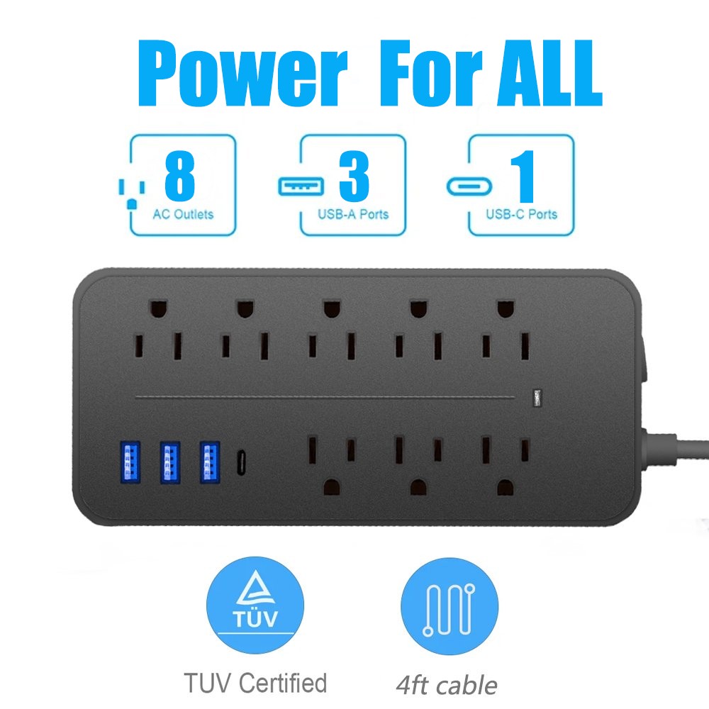Multi-functional Power Strip Surge Protector, 8 Outlets 4Ft Long Extension Cord