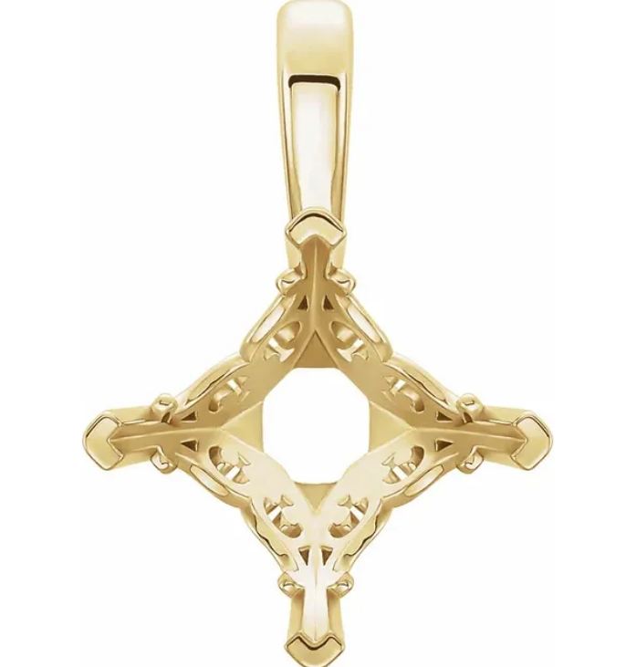 9mm Princess Square Solid 14k Yellow Gold Vintage Scroll Pendant Setting Mount