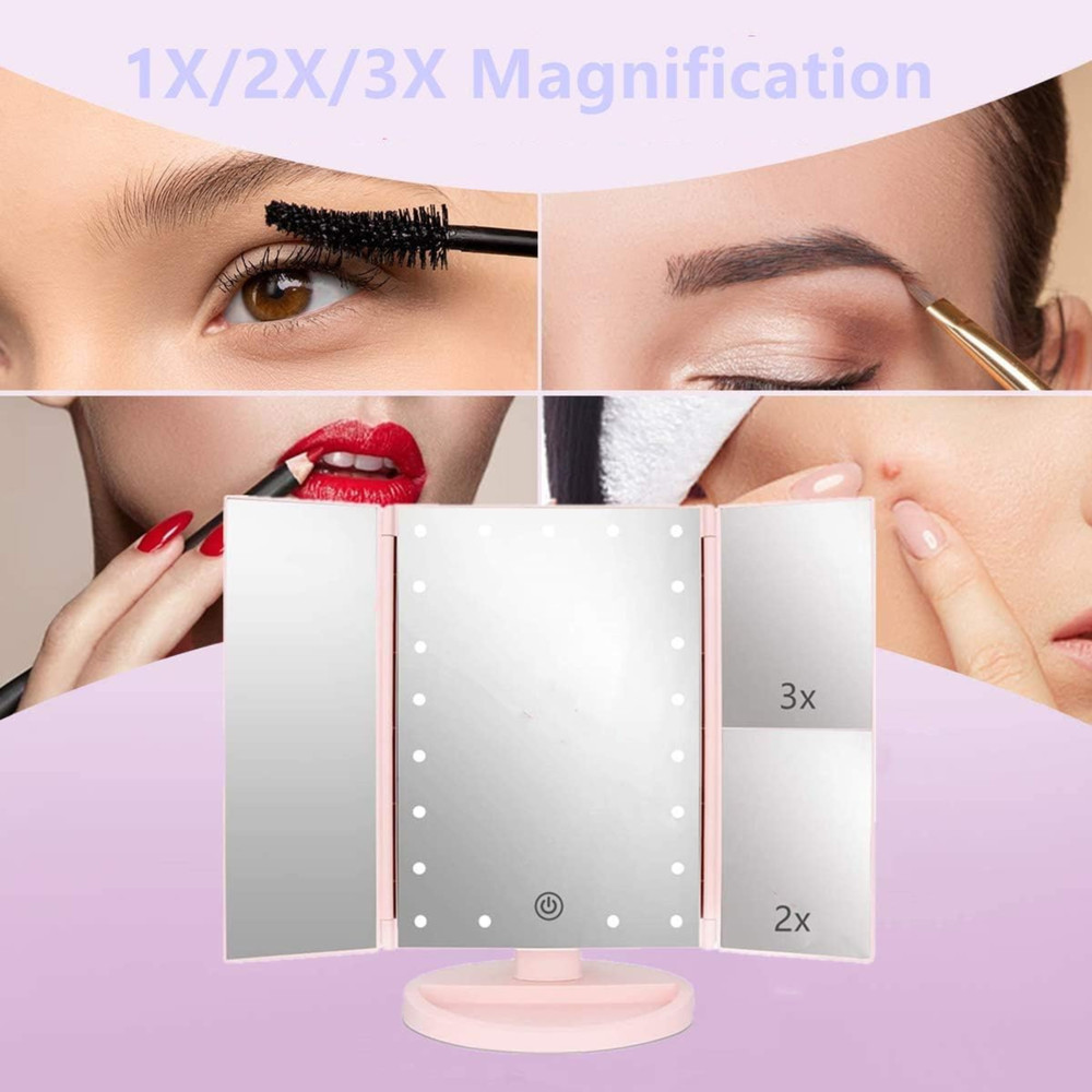 CreateAndBundle Tri-fold Lighted Vanity Makeup Mirror with 3x/2x Magnification