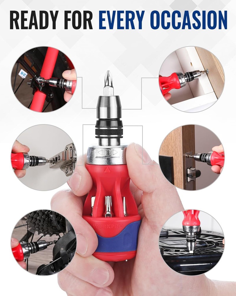 WORKPRO 12-in-1 Magnetic Stubby Ratcheting Multi-bit Screwdriver Double End Bits