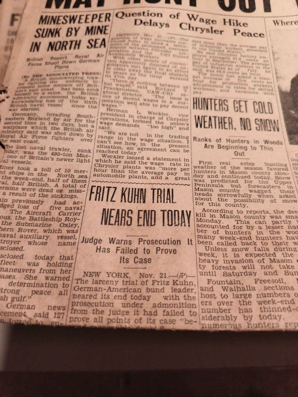 Vintage (World War 2 ERA) Ludington Daily News MI Tues Nov 21st 1939 World News