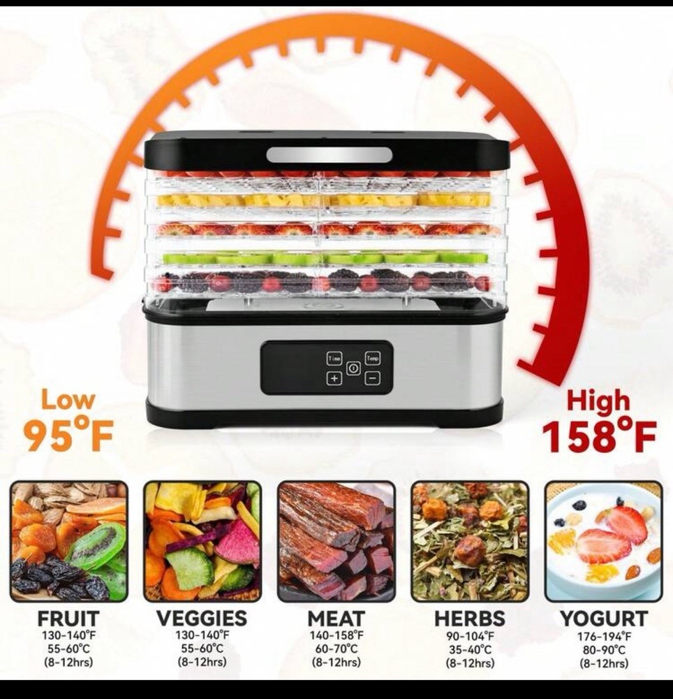 Adjustable Height 5-Tray Food Dehydrator 240W Digital Timer Temperature Control