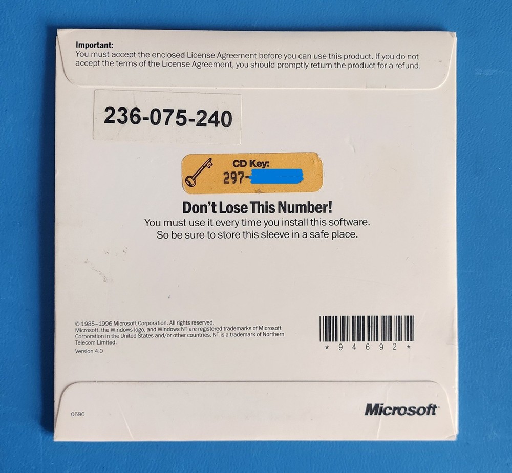 Microsoft Windows NT 4.0 Workstation Operating System *94692* with Product Key