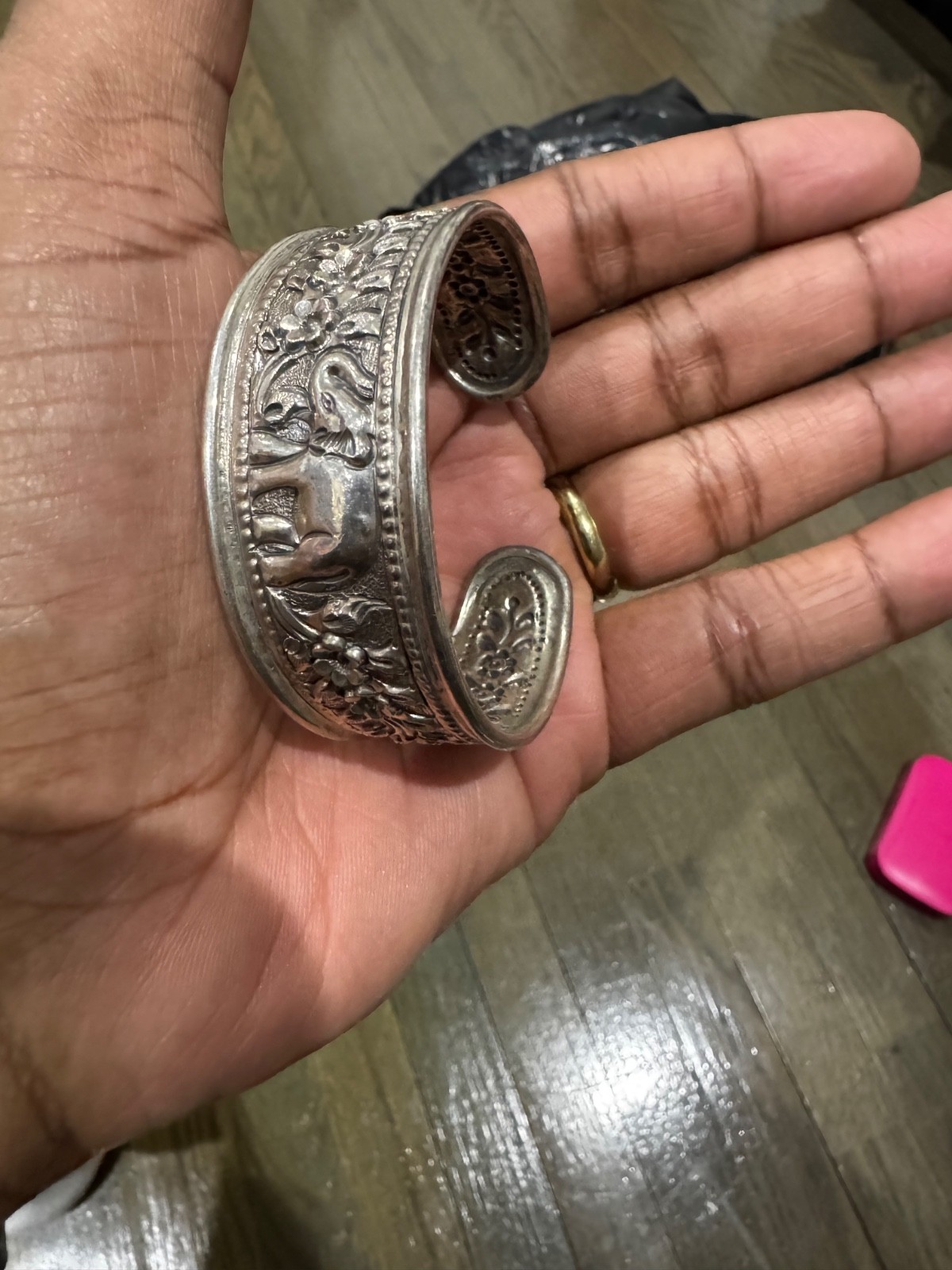 925 STERLING SILVER SIGNED ELEPHANT TRUNK UP BRACELET CUFF BANGLE JEWELRY