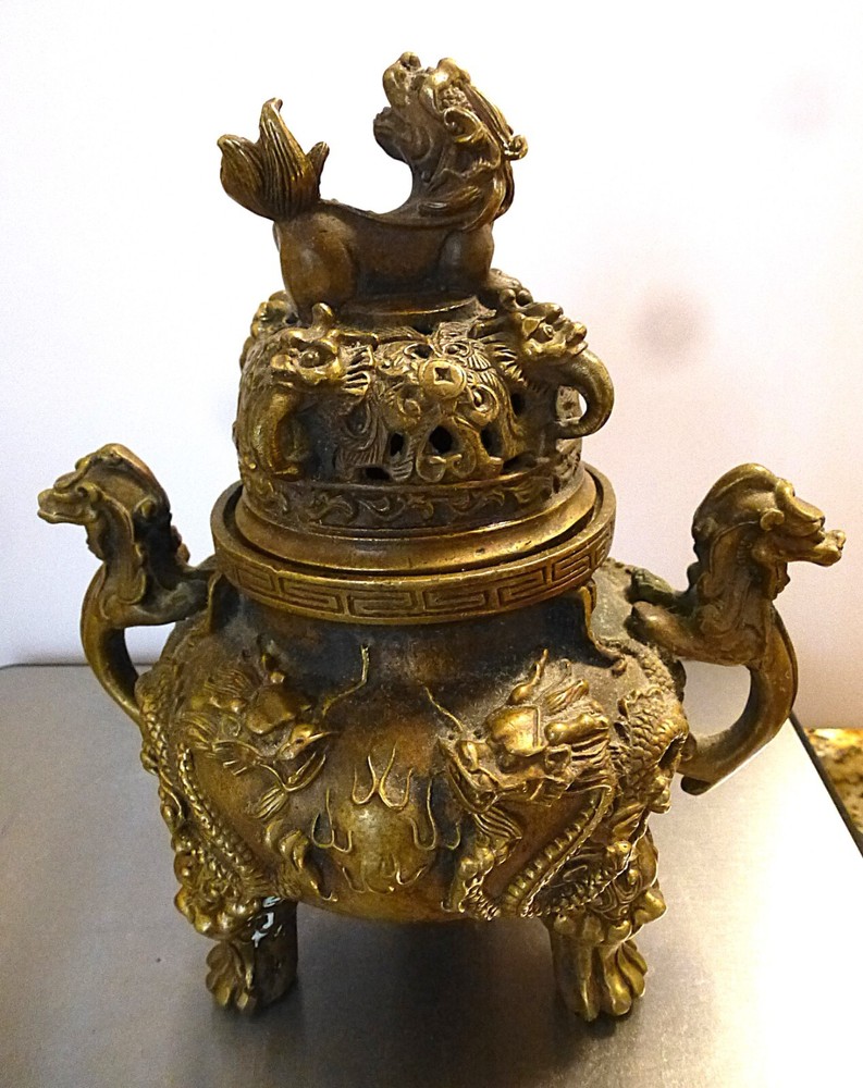 Vintage Bronze Foo Dog Dragon Burner