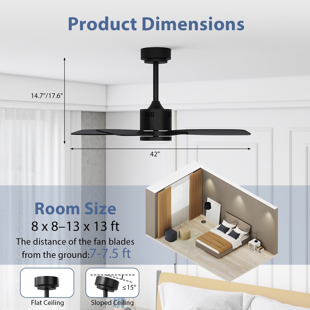 42" Ceiling Fan w/ Light & Remote 3CCT LED w/ Memory & 4H Timer Black