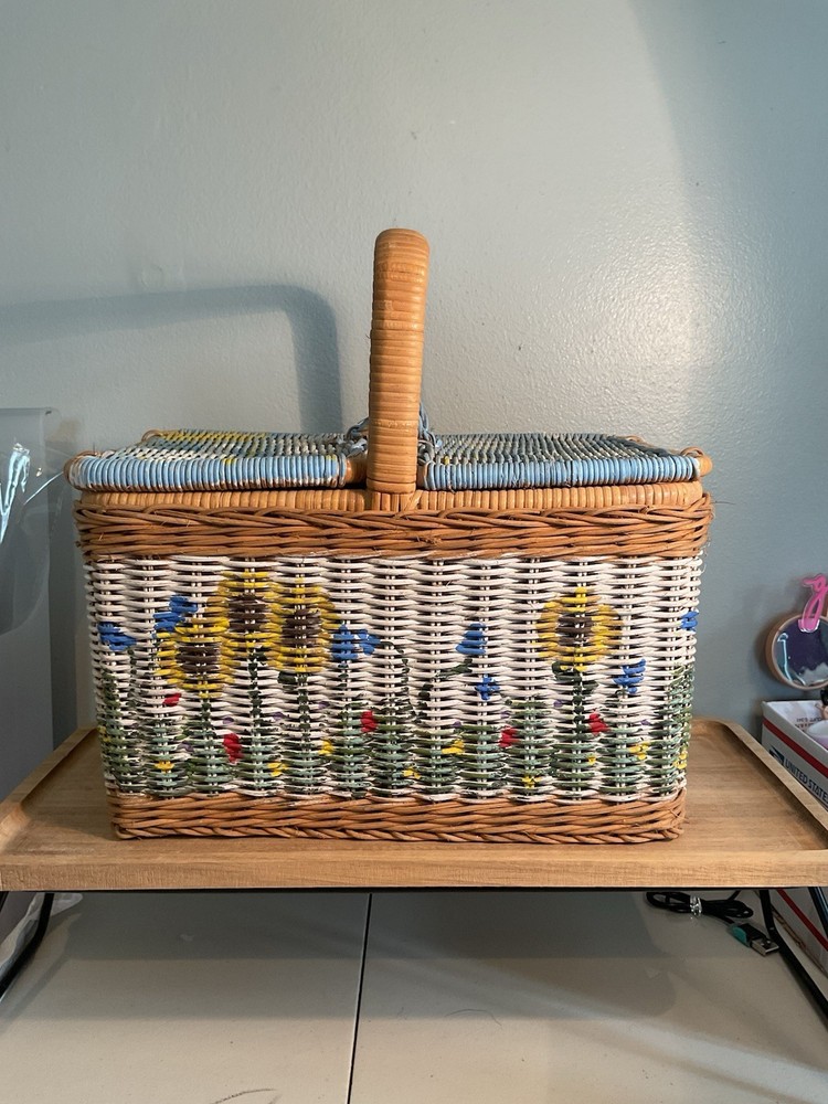 Sewing Basket  Double Lid Sunflowers. Signed