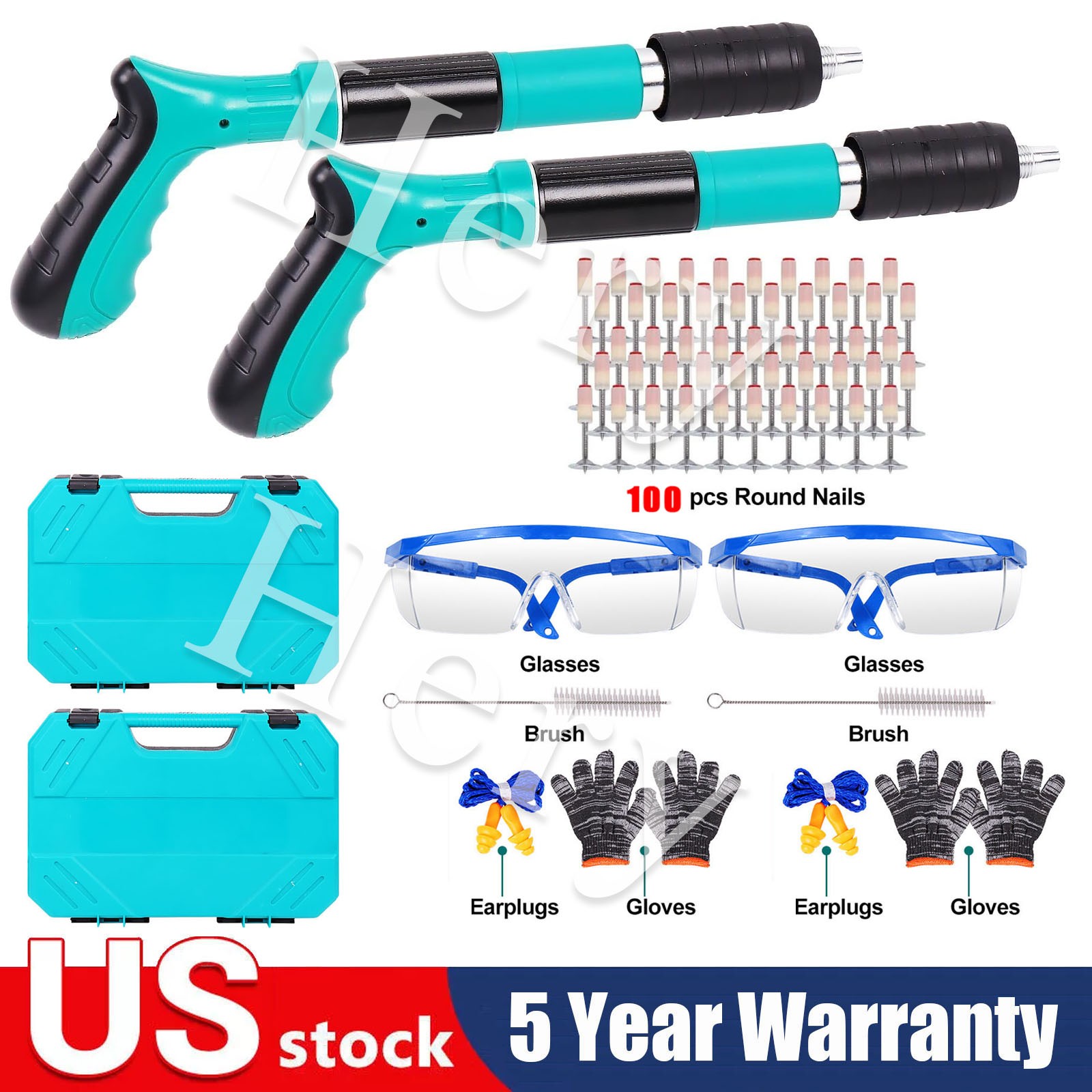 2 Kit Portable Concrete Nailer Nail Gun Cordless Wall Fastening Tool +100 Nails